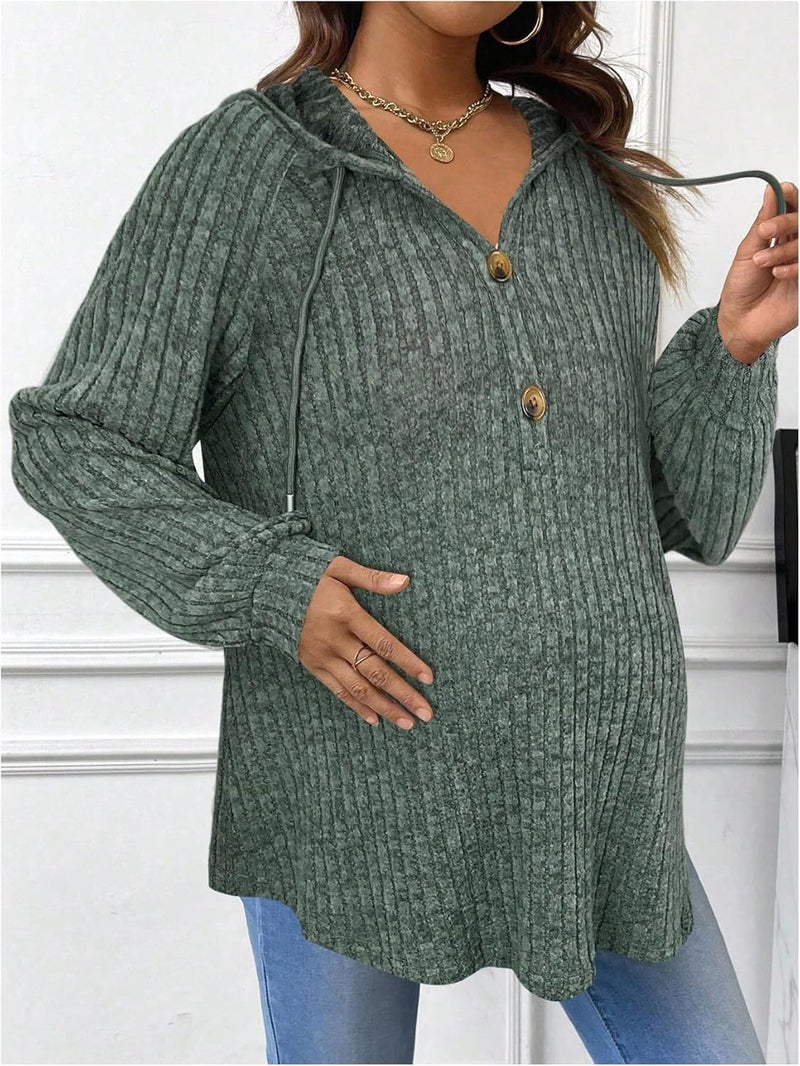 BEAUDRM Store Women's Maternity Half Button Sweatshirts Long Sleeve Ribbed Knit Pregnancy Shirt Spring Clothes Olive Green X-Large - Image 4
